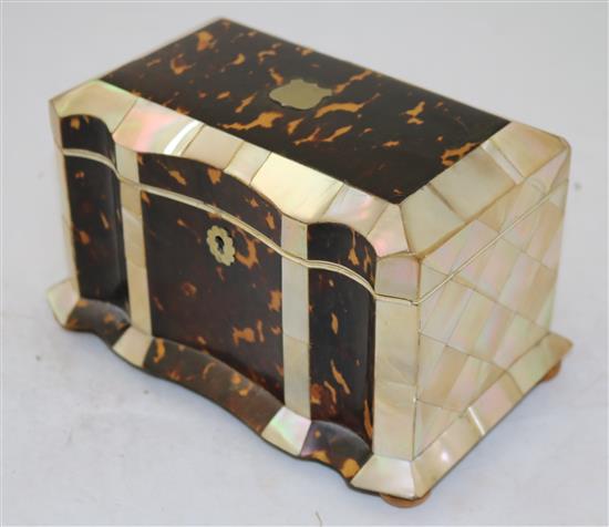 An early Victorian mother of pearl and tortoiseshell tea caddy, 8in.